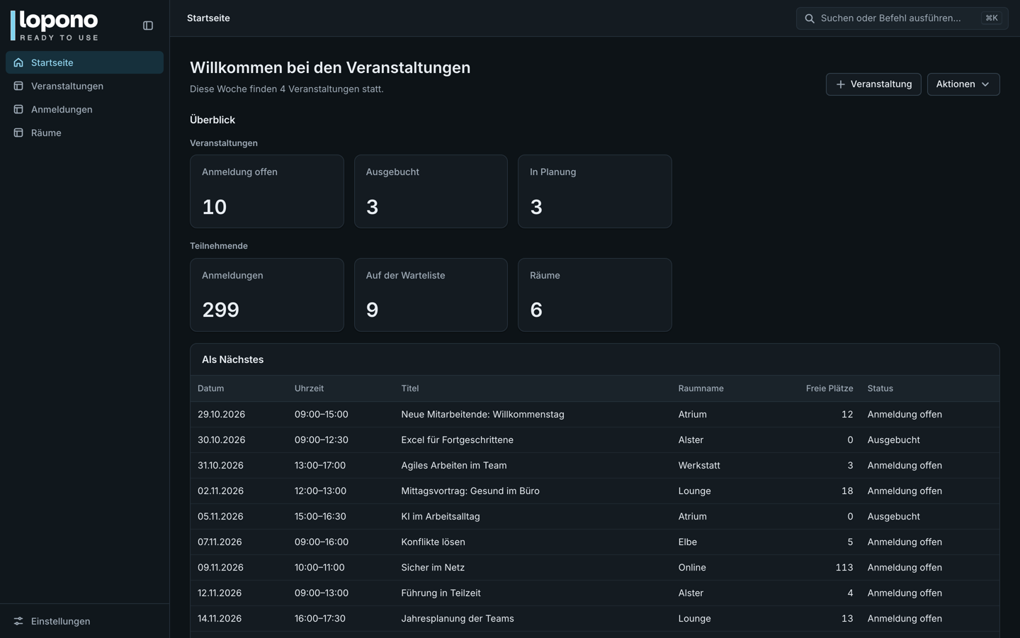 Startseite im Dunkelmodus