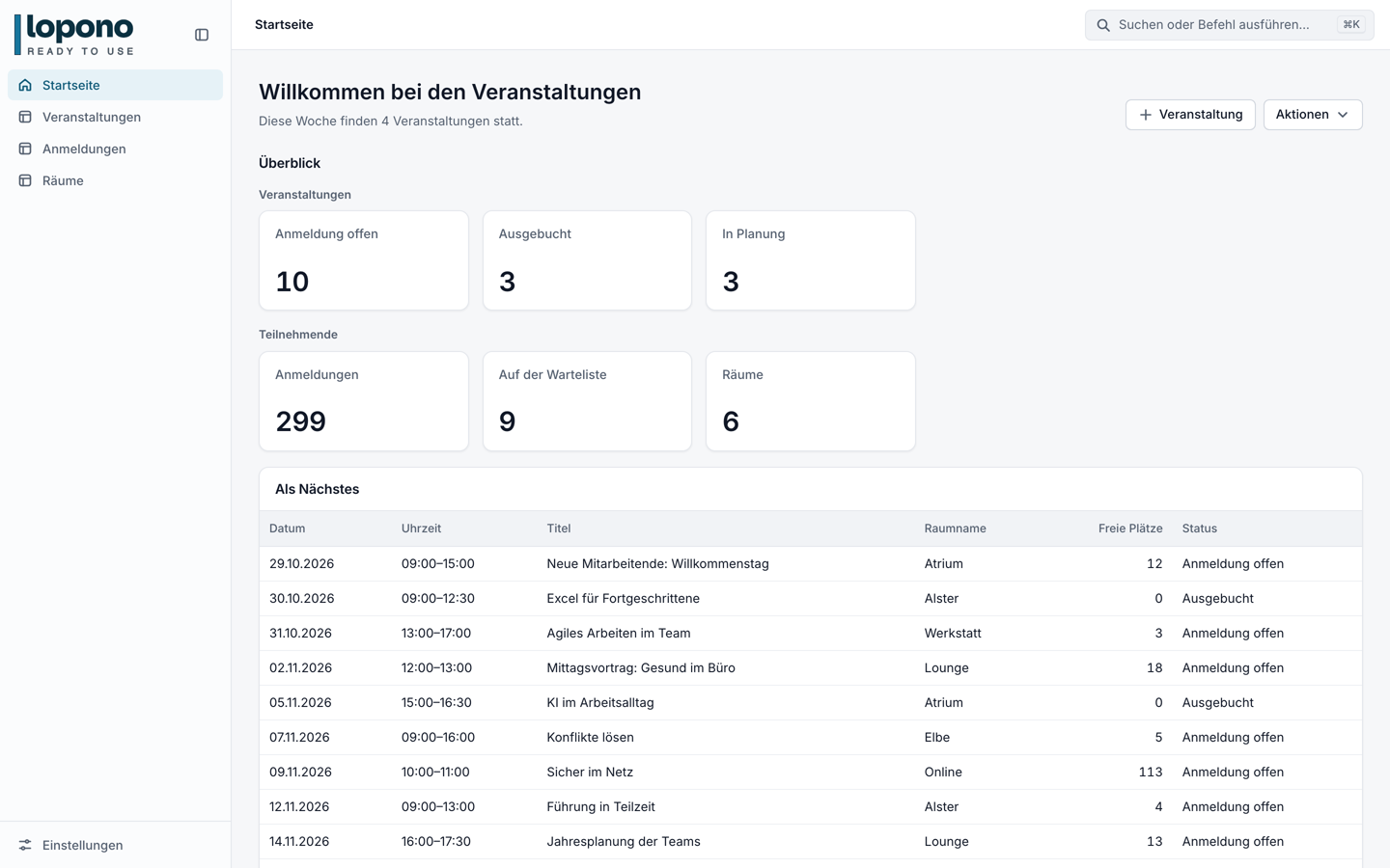 Startseite mit Kacheln für offene und ausgebuchte Veranstaltungen und einer Liste der nächsten Termine